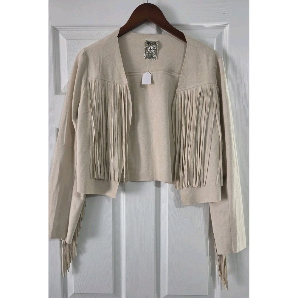 VOCAL FAUX SUEDE JACKET Western Boho Fringe Crop hippie cream Size Med - Picture 4 of 7